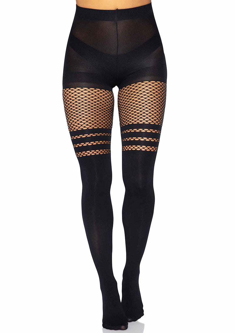 Leg Avenue Seamless Opaque Pantyhose with Fishnet Stripe